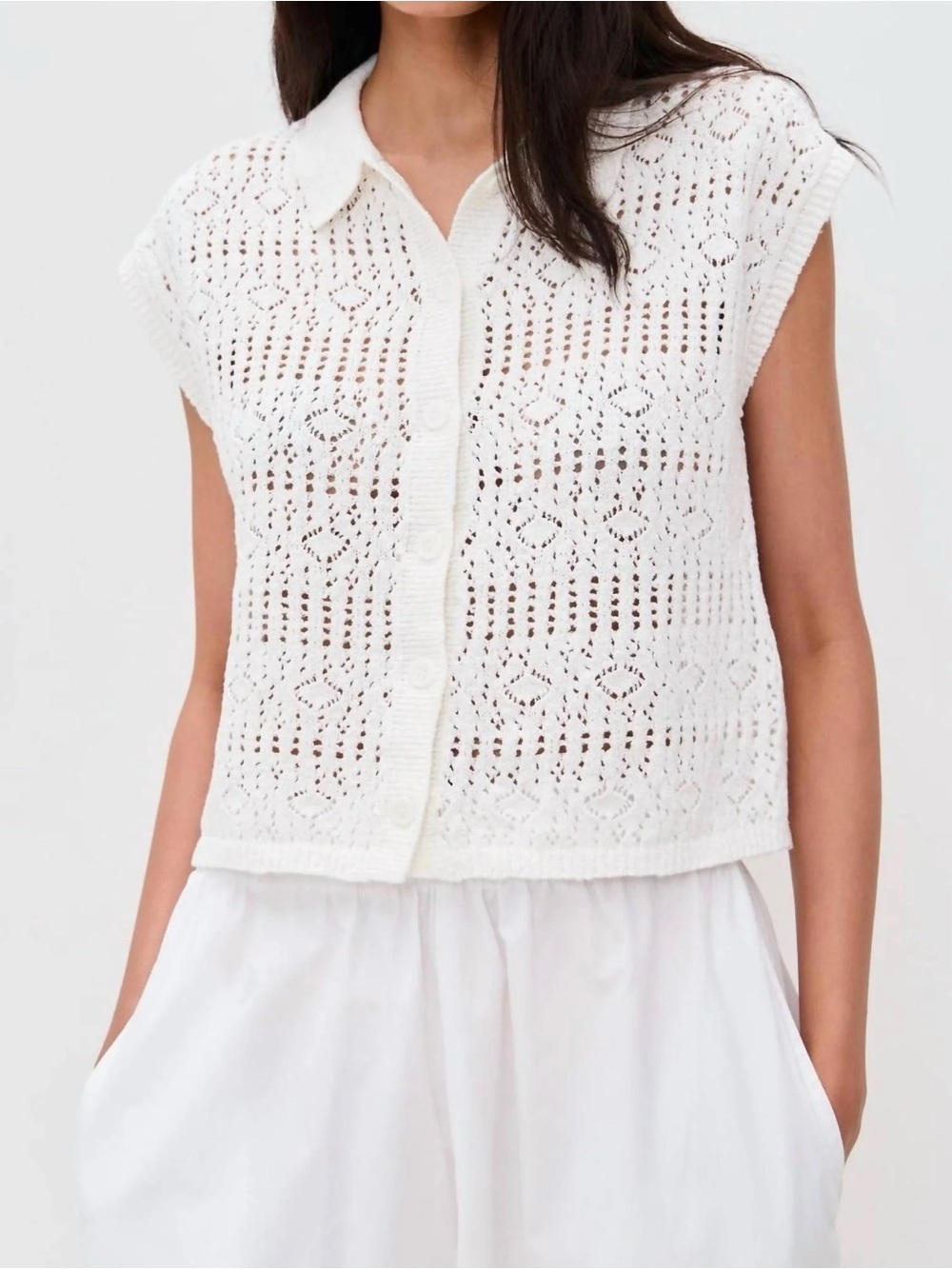 White Crochet Knit Button-Front Women's Top